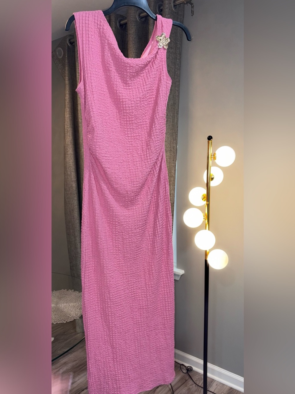 See You Monday Pink Sleeveless Textured Maxi Dress with Brooch